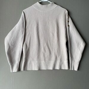 TAHARI Mock Neck Ribbed Sweater Gold Button Detail  Top S Minimalist Preppy NWOT